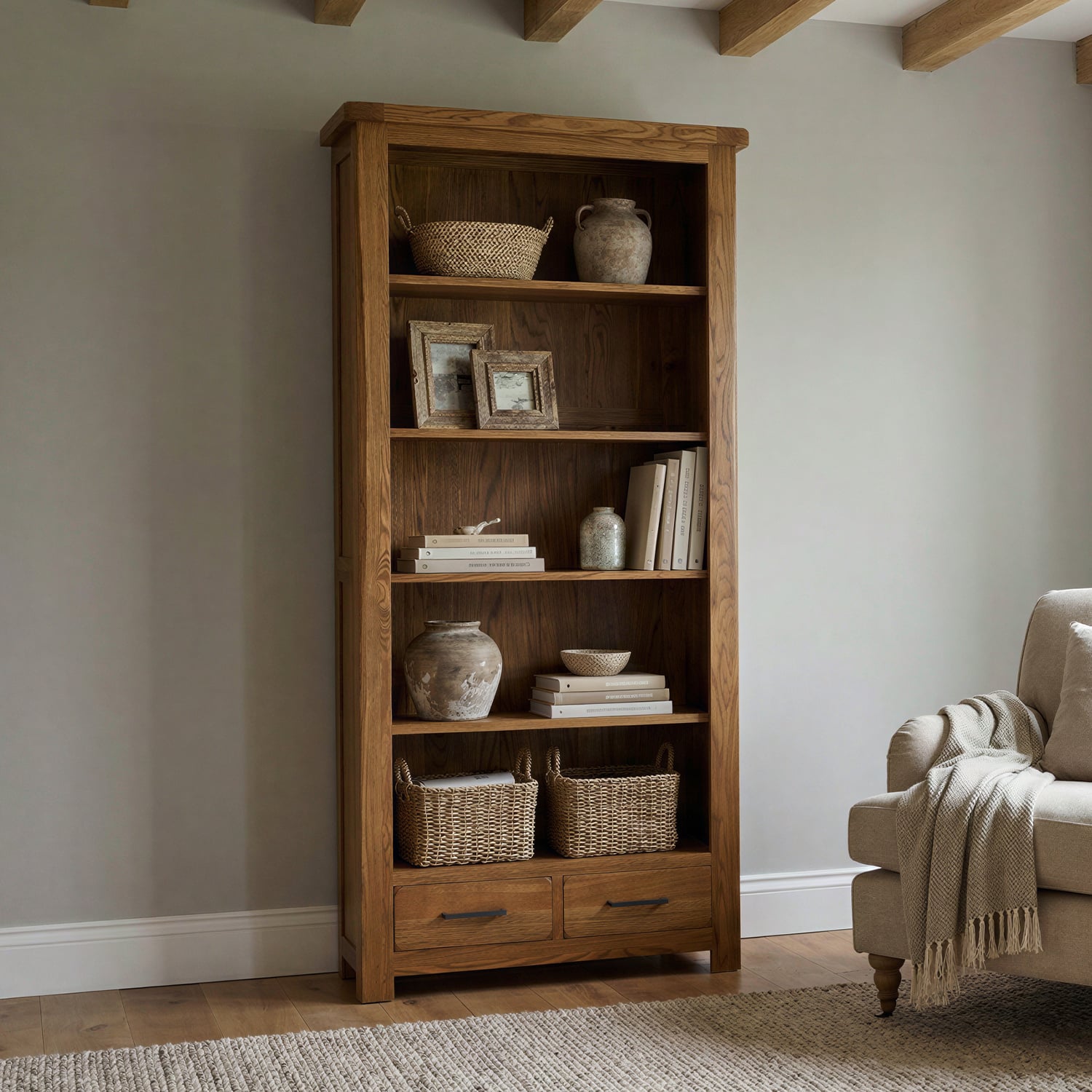 Rustic Solid Oak Tall Bookcase 5 Shelves 2 Dovetail Drawers