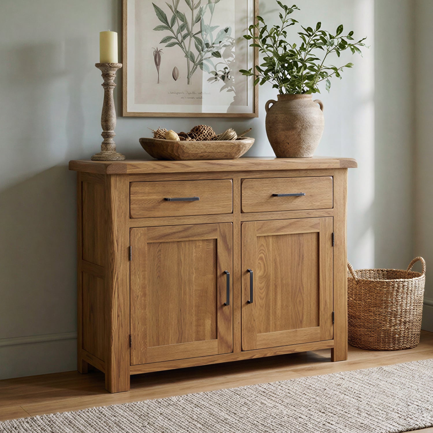 Rustic Solid Oak Small Sideboard | 2 Doors, 2 Dovetail Drawers