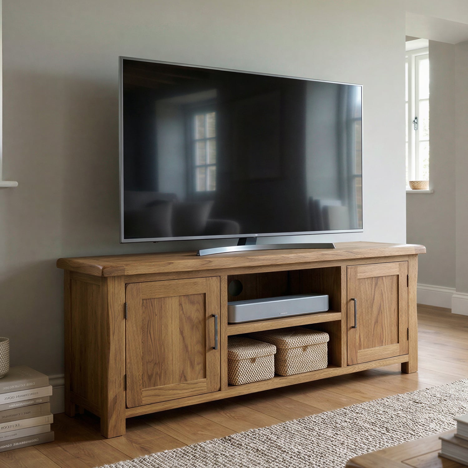 Rustic Solid Oak Wide Tv Cabinet 2 Doors Shelf