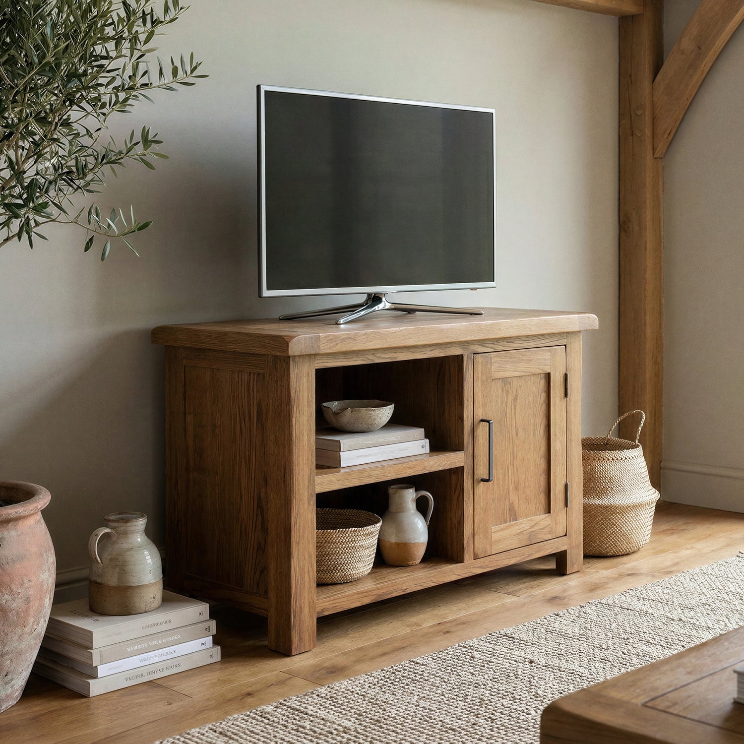 Rustic Solid Oak Small Tv Cabinet 1 Door 2 Shelves