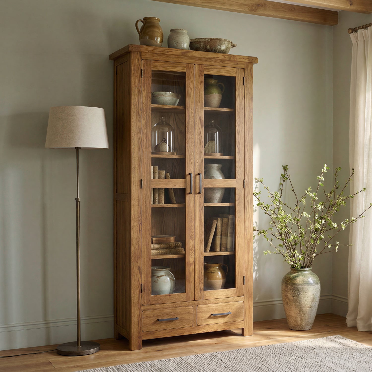Rustic Solid Oak Glazed Display Cabinet Glass Doors