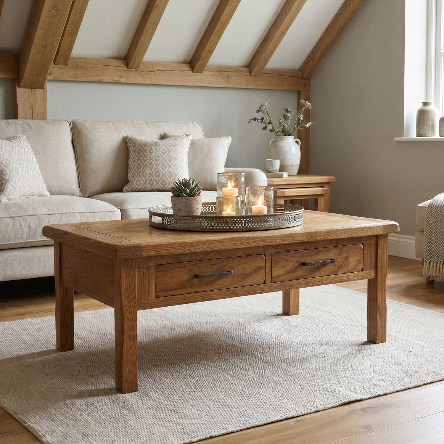 Rustic Solid Oak 4 Drawer Coffee Table | Dovetail Drawers