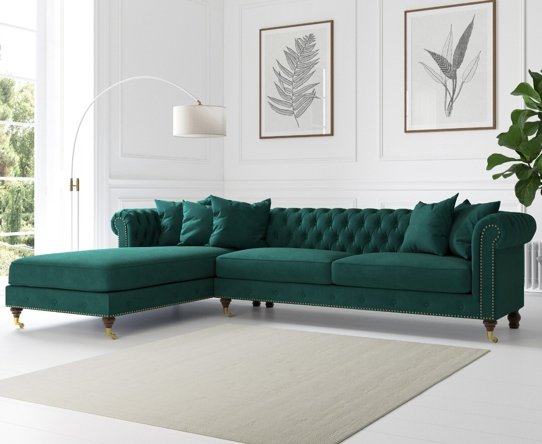 Chiswick Extra Large Green Velvet Left Facing Chesterfield Corner Chaise Sofa