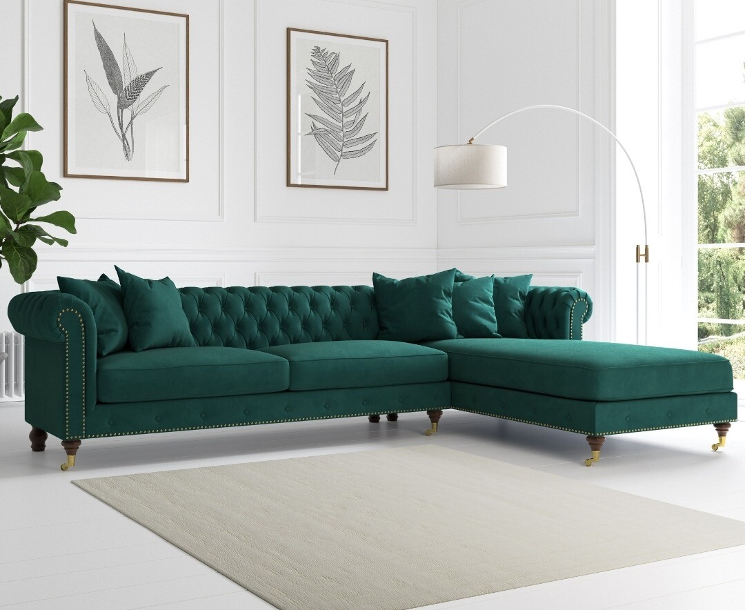 Chiswick Extra Large Green Velvet Right Facing Chesterfield Corner Chaise Sofa