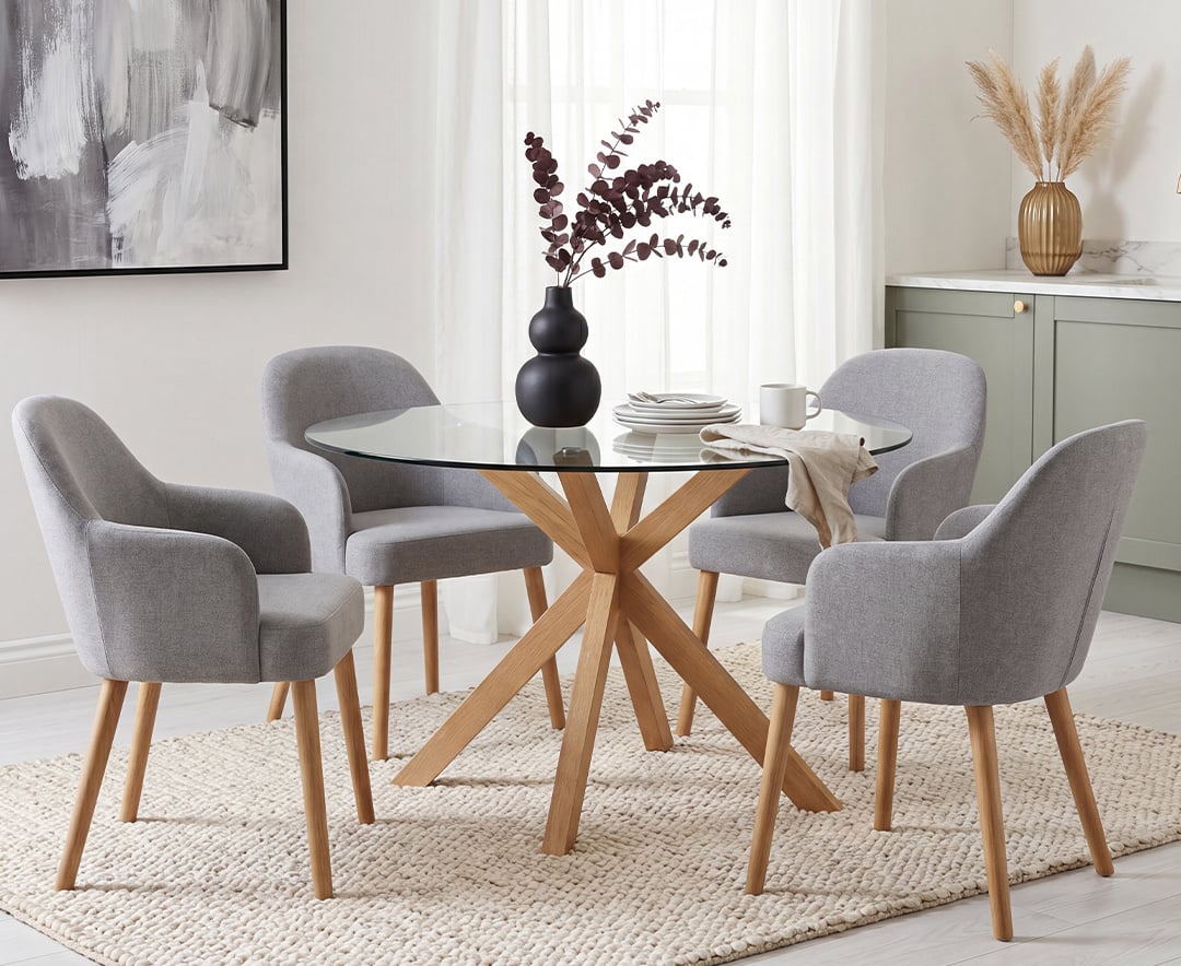 Lakelyn 140cm Round Solid Oak and Glass Dining Table with 4 Light Grey Oliver Chairs