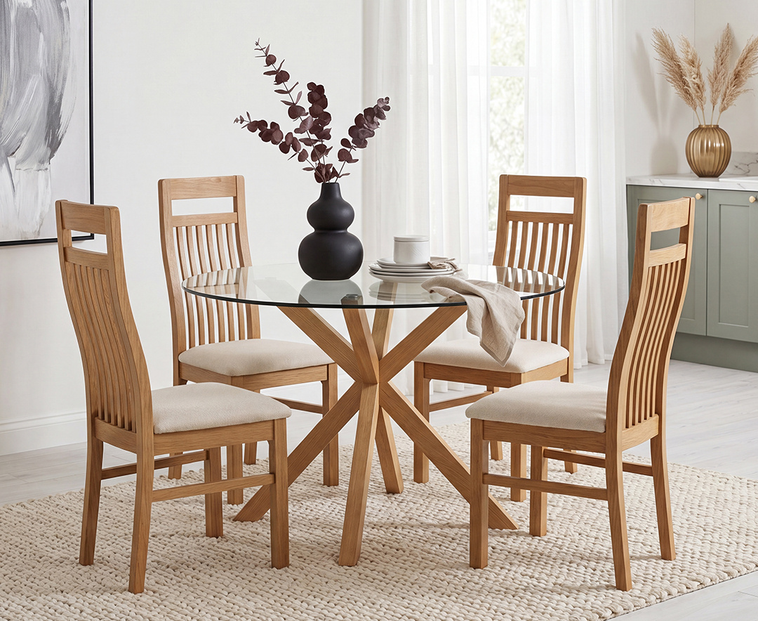 Lakelyn 140cm Round Solid Oak and Glass Dining Table with 4 Linen Monroe Chairs