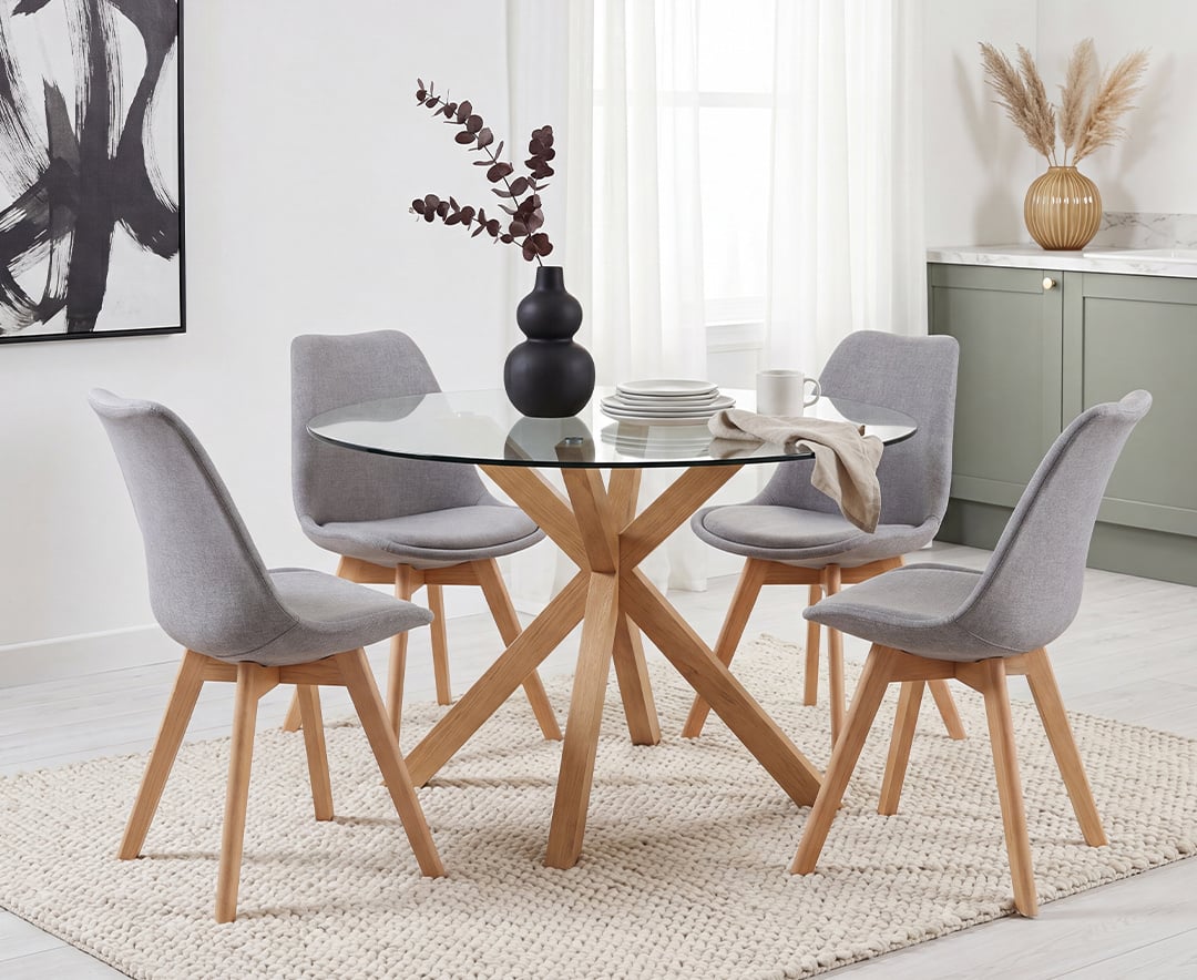 Lakelyn 140cm Round Solid Oak and Glass Dining Table with 4 Light Grey Orson Chairs