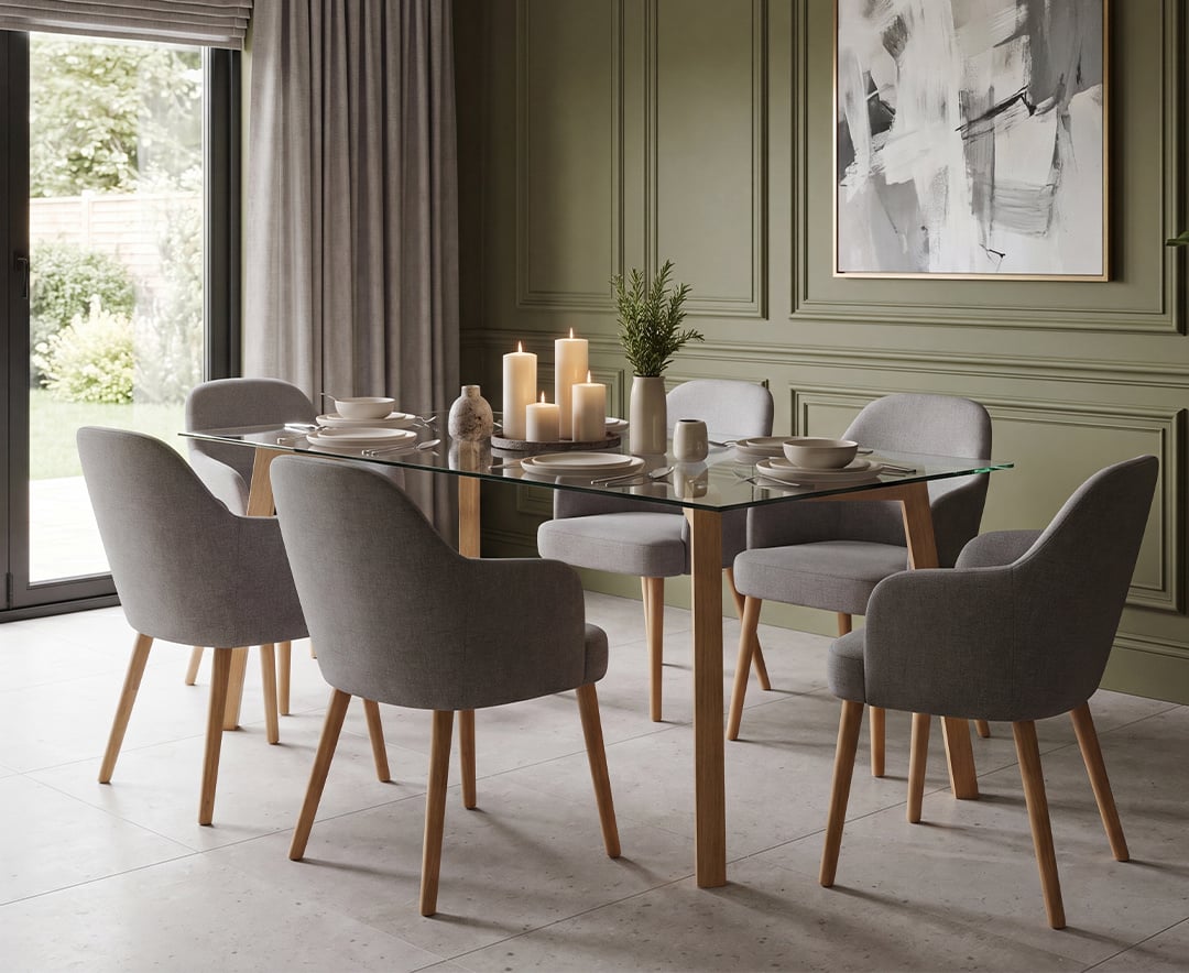 Lakelyn 180cm Solid Oak and Glass Dining Table with 6 Light Grey Oliver Chairs