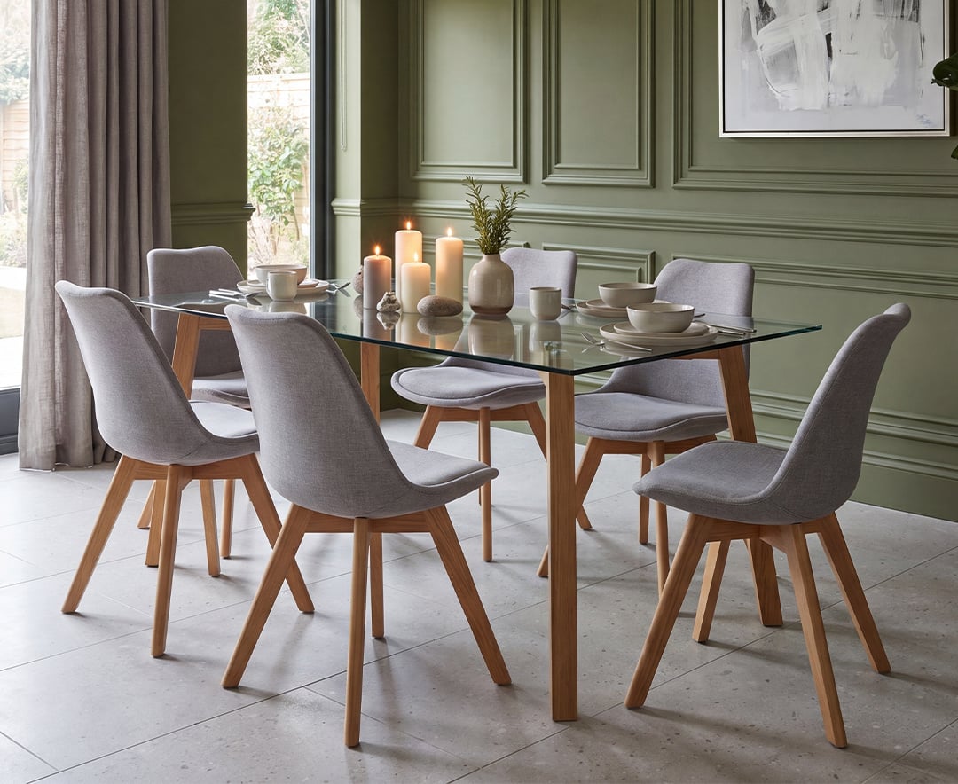 Lakelyn 180cm Solid Oak and Glass Dining Table with 6 Light Grey Orson Chairs