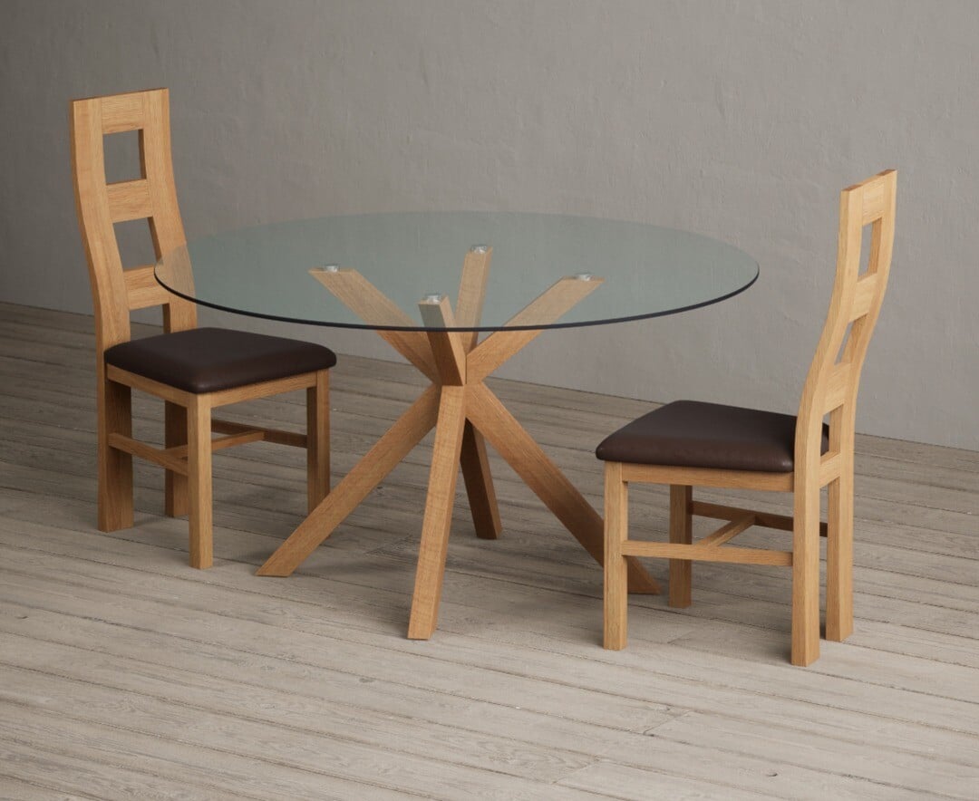 Lakelyn 140cm Round Solid Oak and Glass Dining Table with 2 Linen Natural Chairs