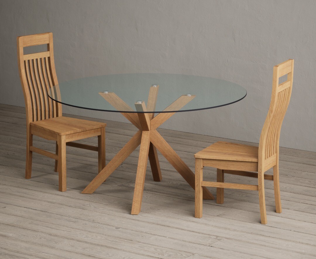 Lakelyn 140cm Round Solid Oak And Glass Dining Table With 2 Oak Monroe Chairs