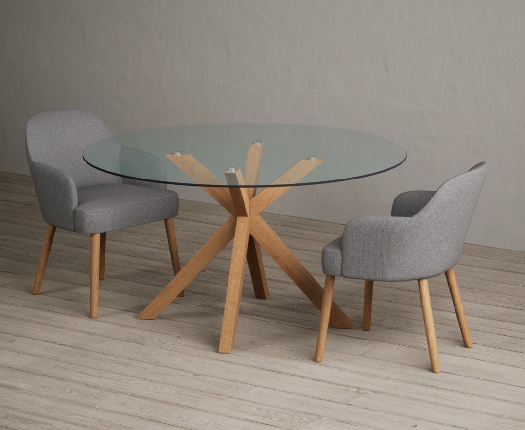 Lakelyn 140cm Round Solid Oak And Glass Dining Table With 2 Light Grey Oliver Chairs