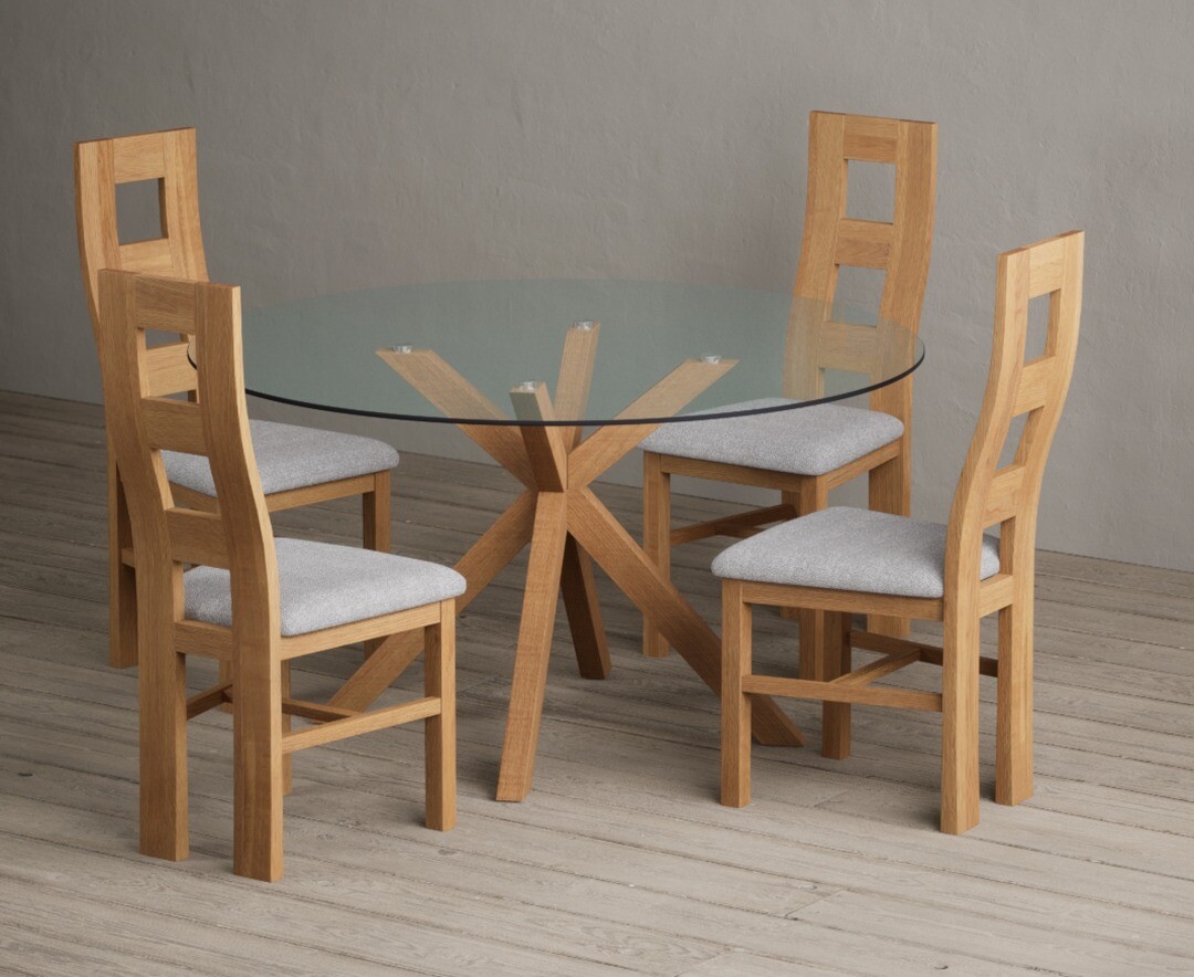 Lakelyn 140cm Round Solid Oak And Glass Dining Table With 2 Brown Natural Chairs