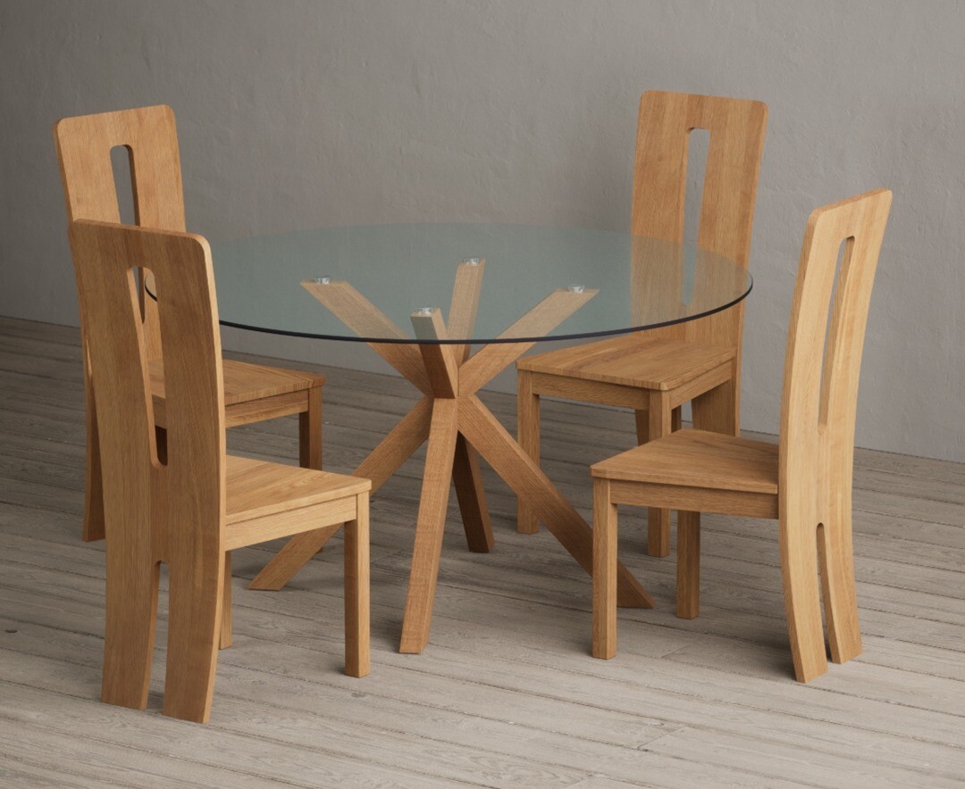Lakelyn 140cm Round Solid Oak And Glass Dining Table With 2 Oak Lucca Chairs