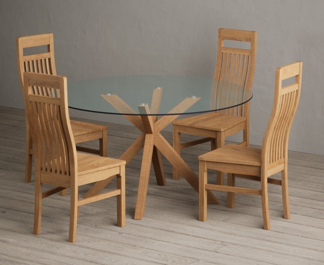 Lakelyn 140cm Round Solid Oak And Glass Dining Table With 4 Oak Monroe Chairs