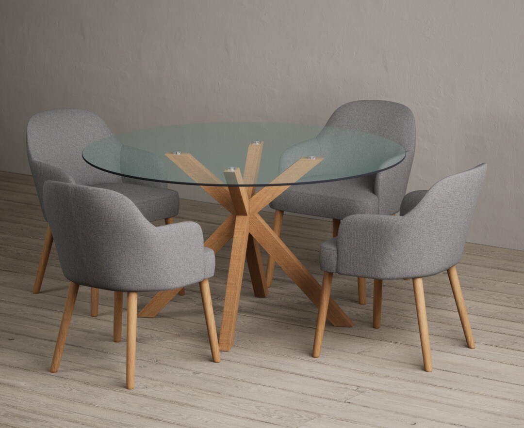 Lakelyn 140cm Round Solid Oak And Glass Dining Table With 4 Light Grey Oliver Chairs