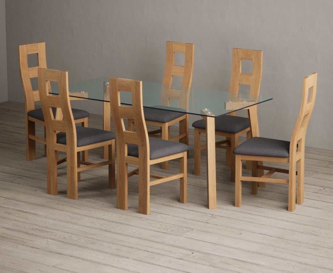 Lakelyn 180cm Solid Oak And Glass Dining Table With 8 Blue Natural Chairs