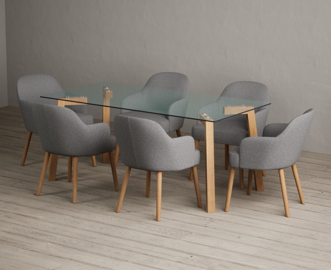 Lakelyn 180cm Solid Oak And Glass Dining Table With 4 Light Grey Oliver Chairs