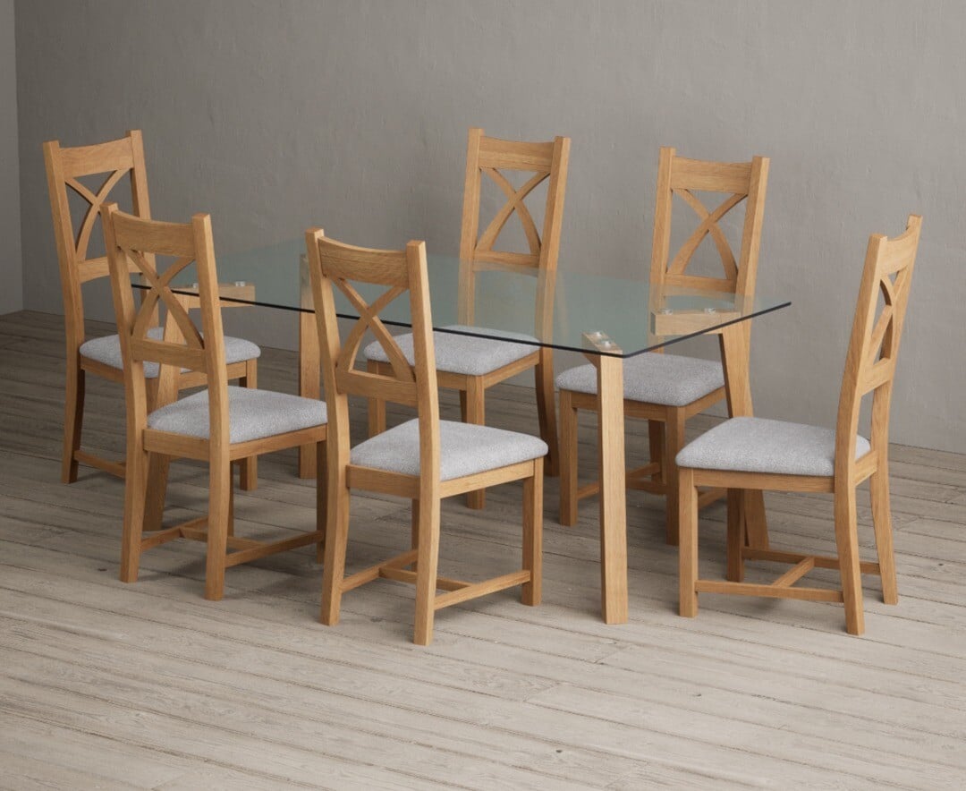 Lakelyn 180cm Solid Oak and Glass Dining Table with 4 Brown Natural Solid Oak Chairs