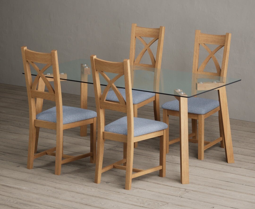 Lakelyn 180cm Solid Oak and Glass Dining Table with 4 Brown Natural Solid Oak Chairs