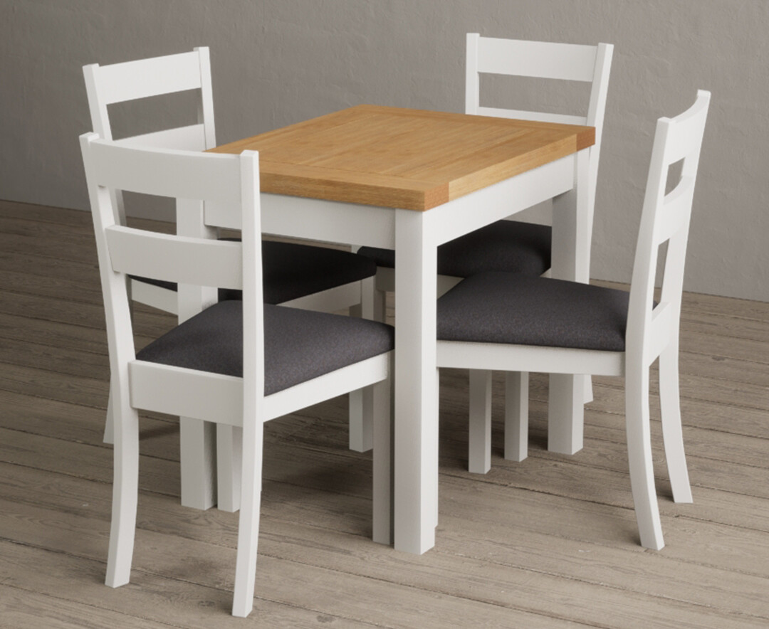 Extending Hadleigh Oak And Signal White Painted Dining Table With 2 Light Grey Kendal Chairs