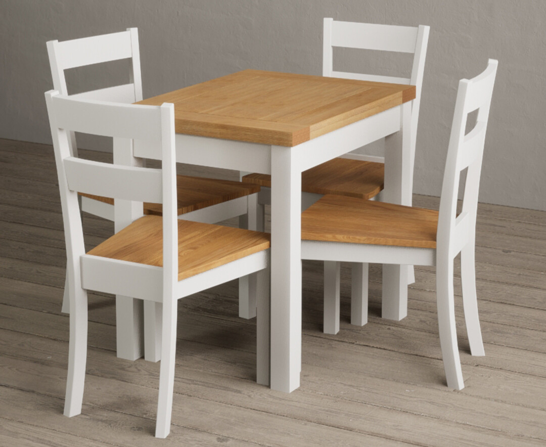 Extending Hadleigh Oak and Signal White Painted Dining Table with 4 Blue Kendal Chairs