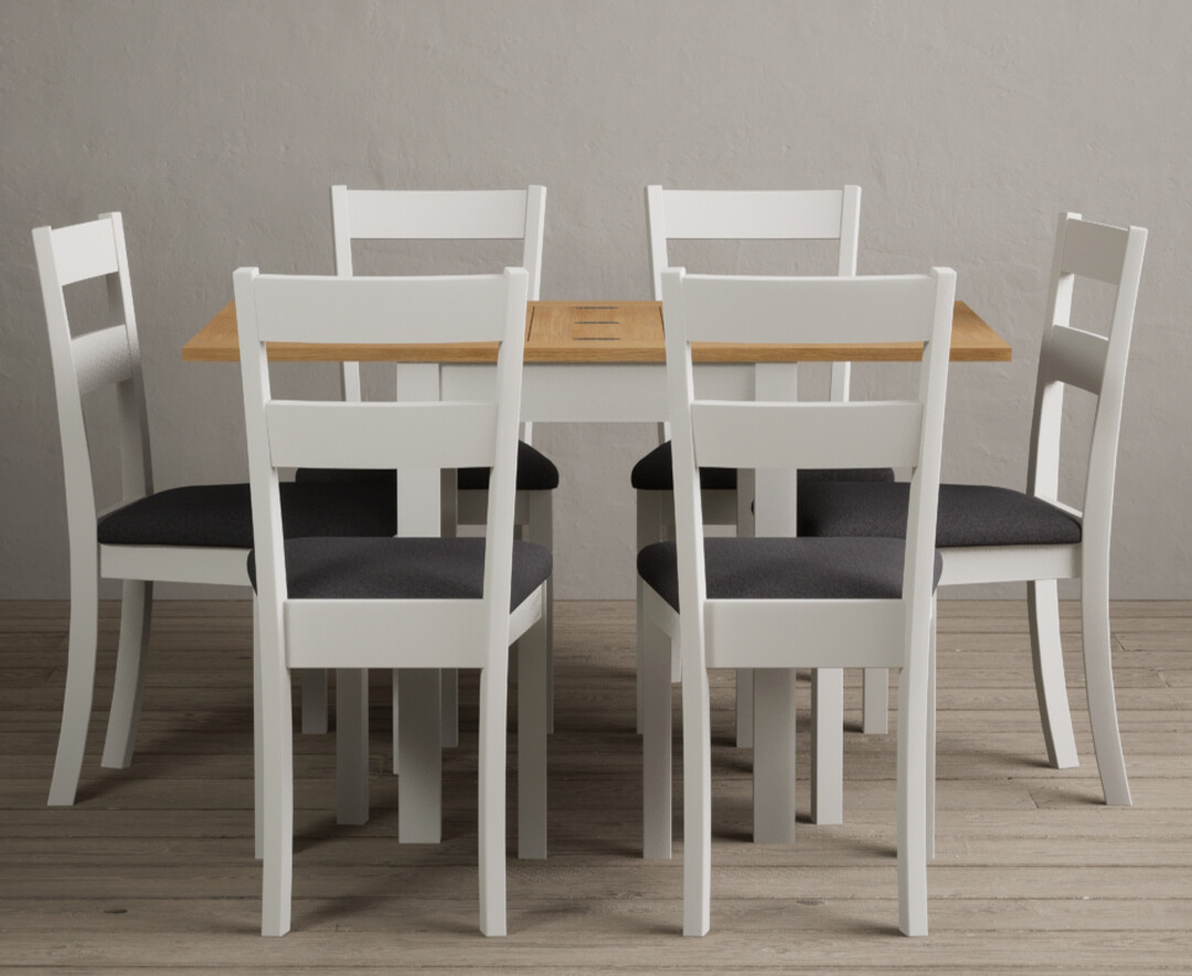 Extending Hadleigh Oak and Signal White Painted Dining Table with 4 Charcoal Grey Kendal Chairs