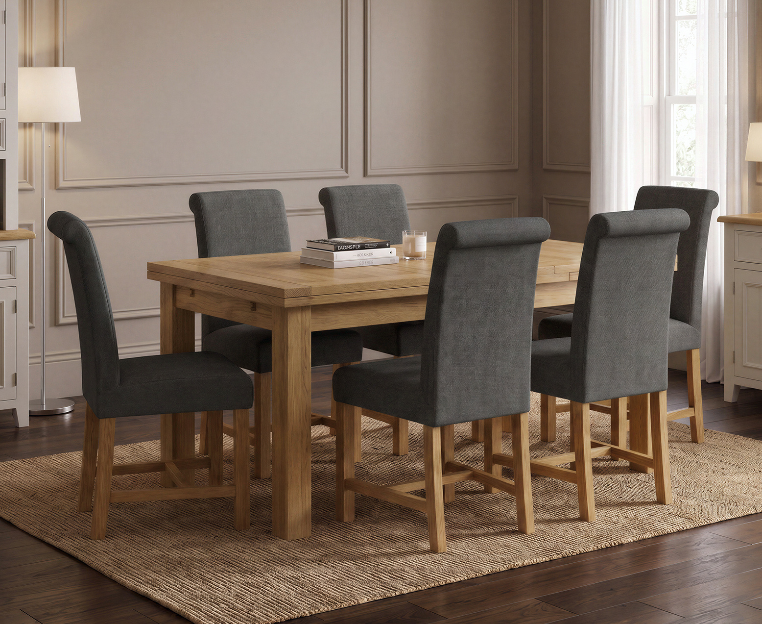Thetford 180cm Oak Table and 2 Grey Benches