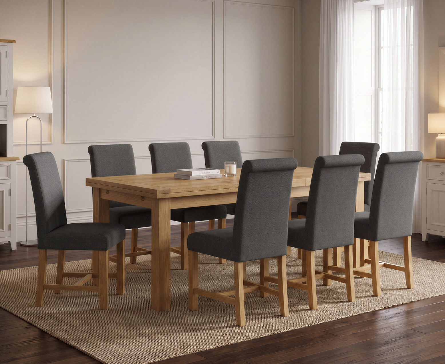 Colby 200cm Oval White Marble Dining Table with 6 Grey Lorenzo Chairs