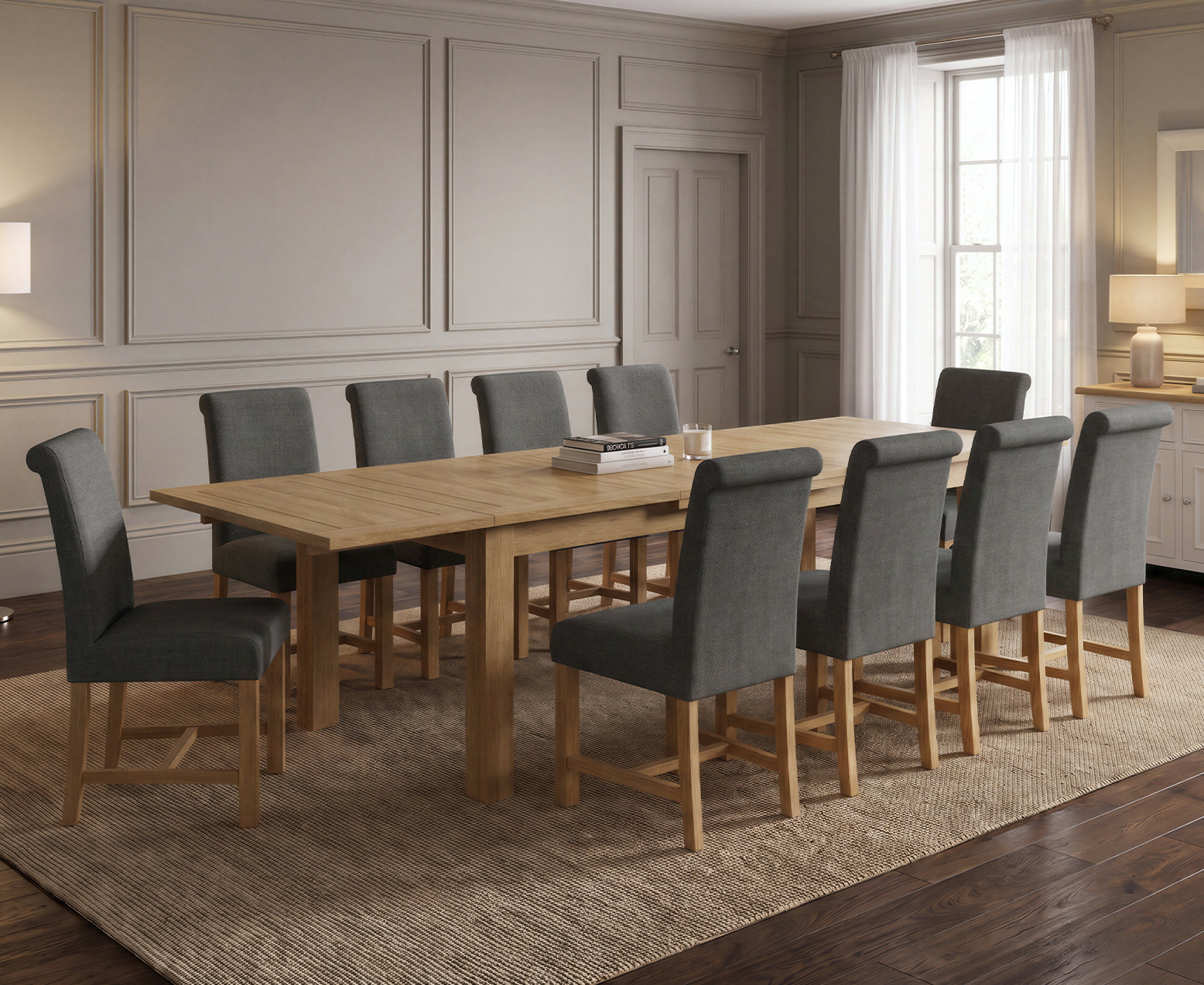 Bernini 110cm Glass Dining Table with 4 Grey Vigo Chairs