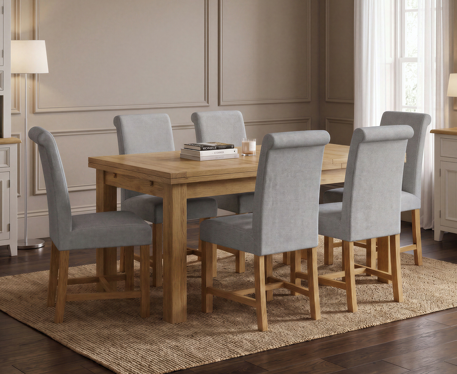Thetford 180cm Oak Table and 2 Grey Benches