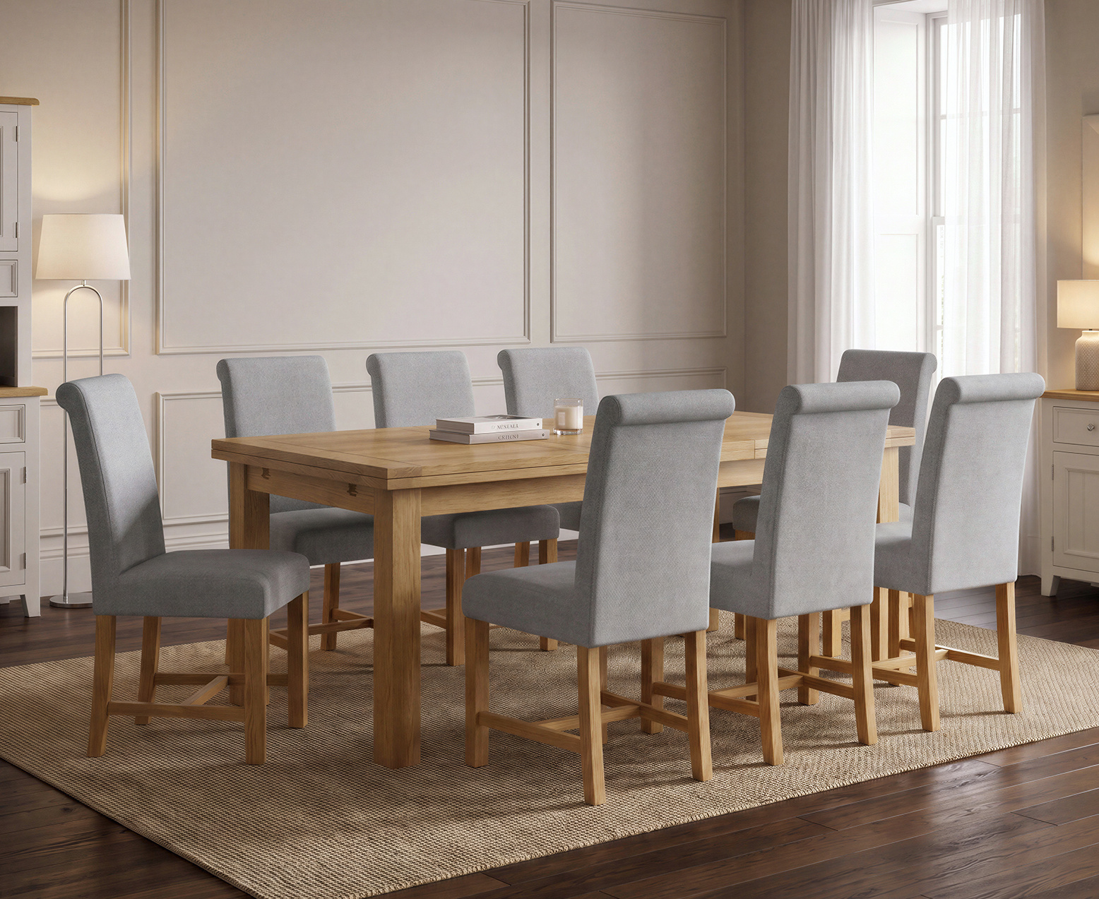 Thetford 180cm Oak Table and 2 Grey Benches