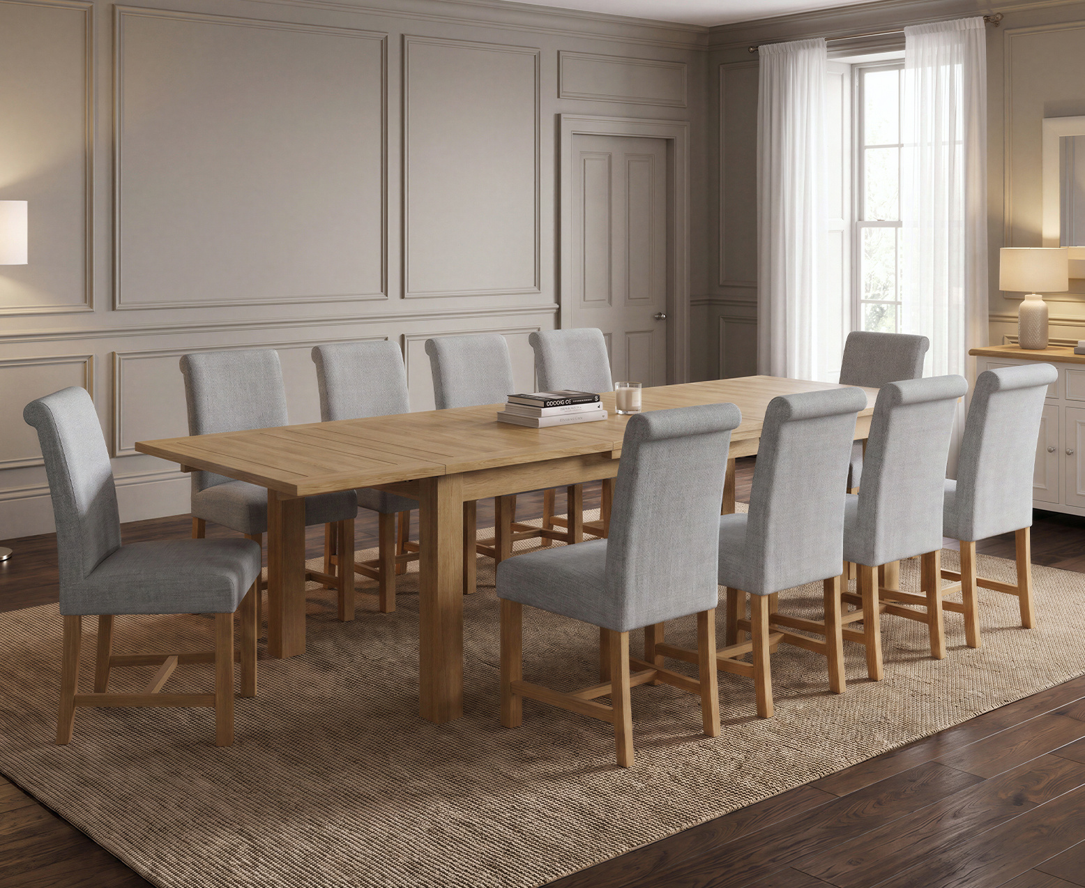 Colby 200cm Oval White Marble Dining Table with 6 Grey Lorenzo Chairs
