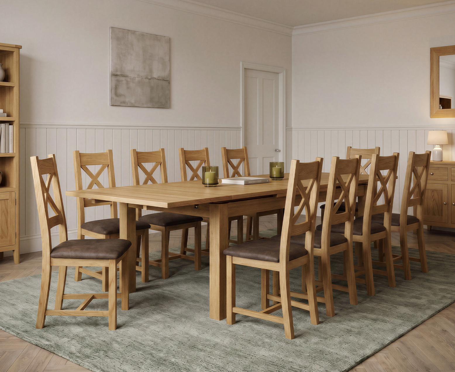 Thetford 180cm Oak Table and 2 Grey Benches