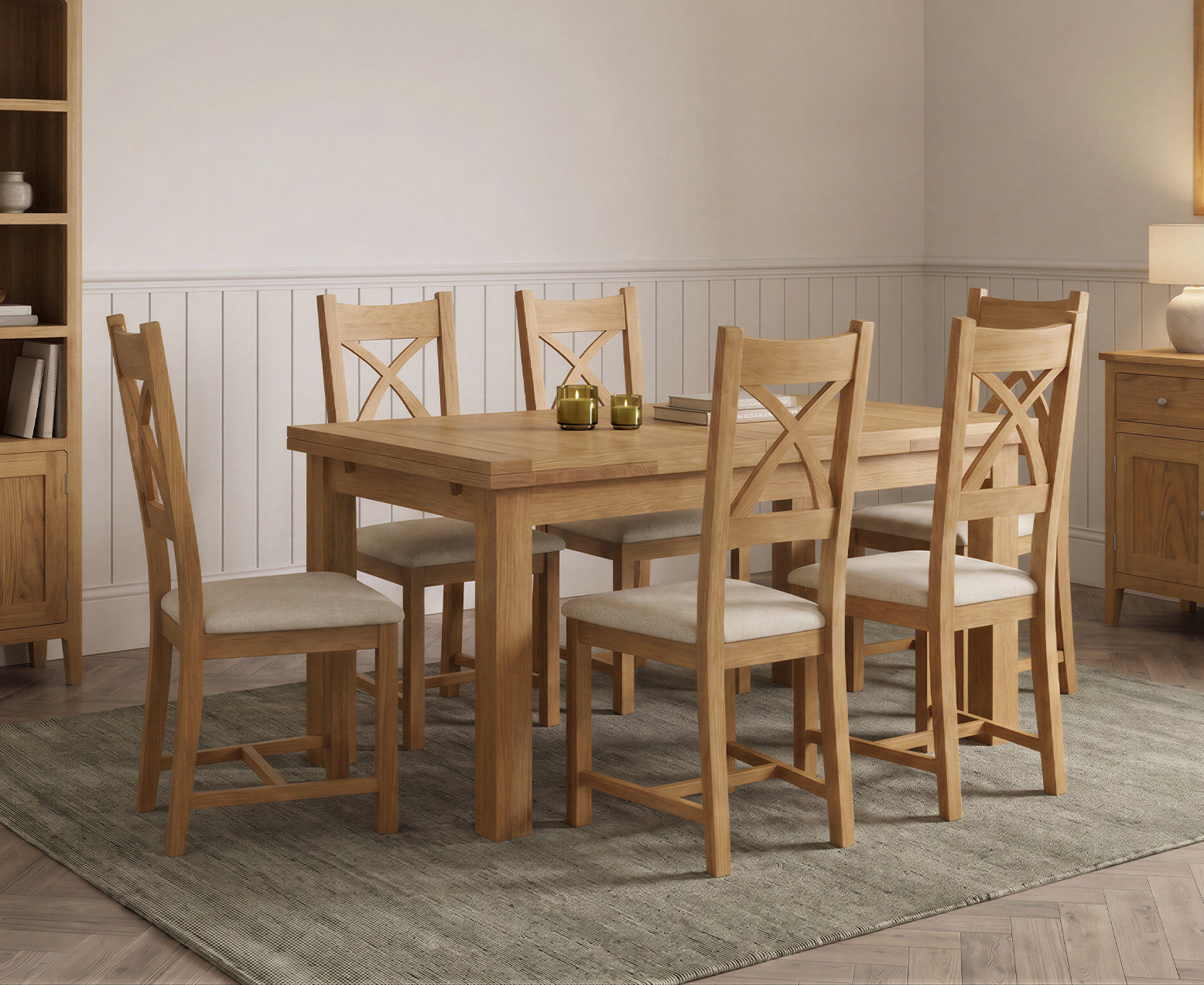 Thetford 180cm Oak Table and 2 Grey Benches