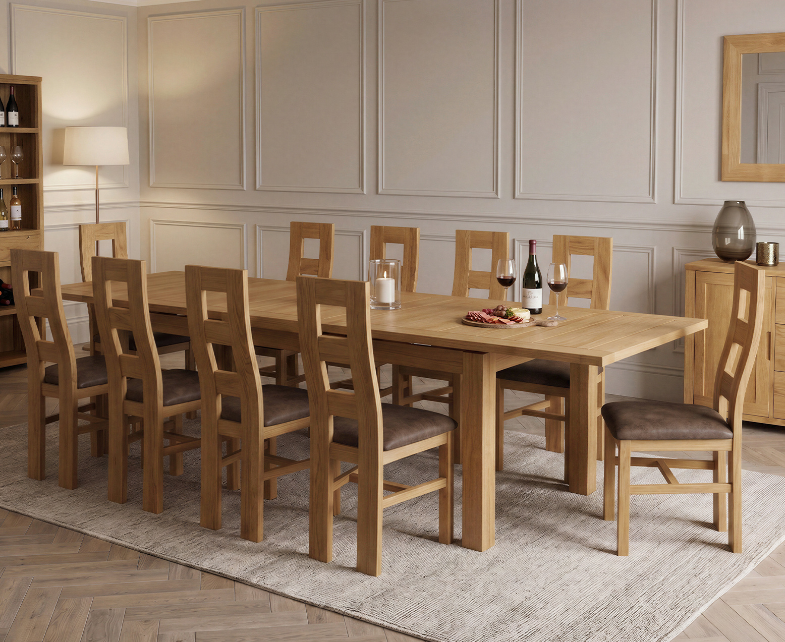 Thetford 180cm Oak Table and 2 Grey Benches
