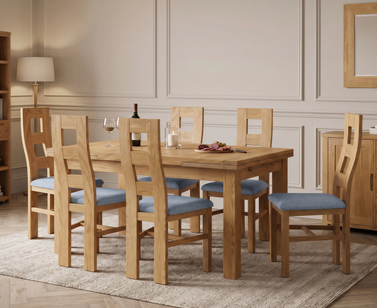 Thetford 180cm Oak Table and 2 Grey Benches