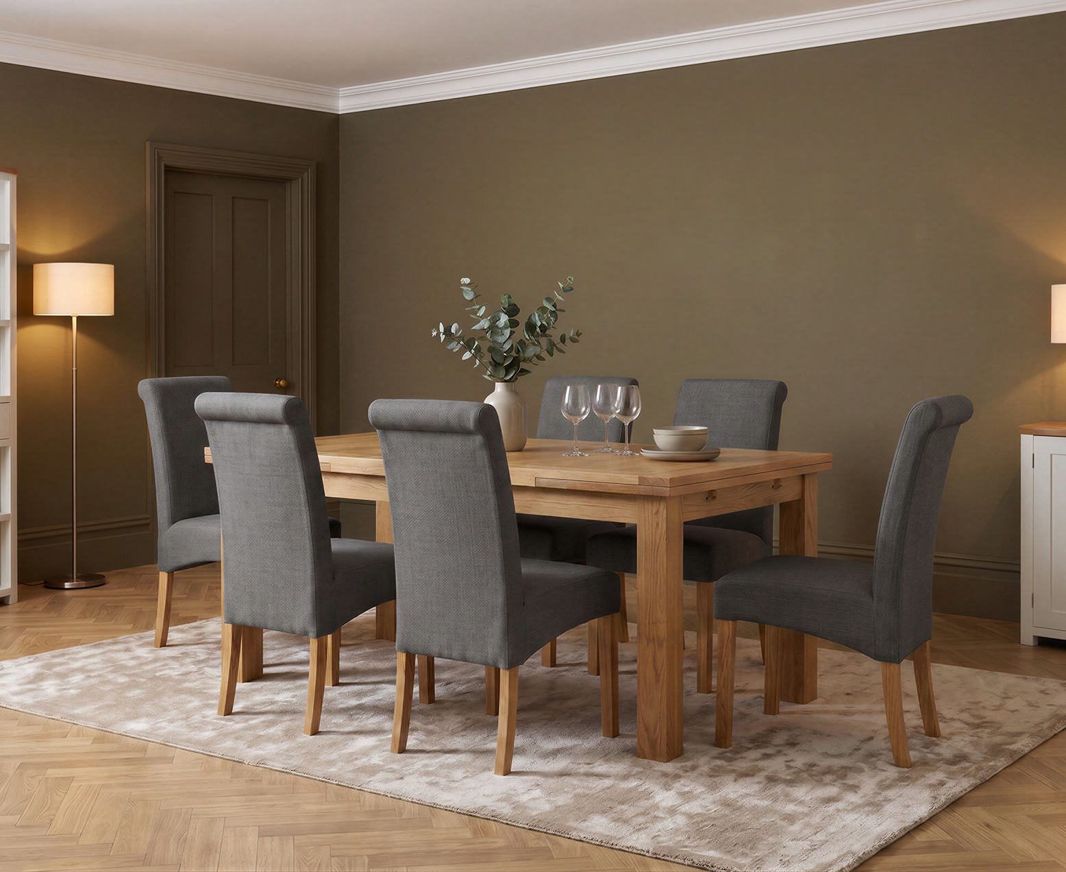 Colby 200cm Oval White Marble Dining Table with 6 Grey Lorenzo Chairs