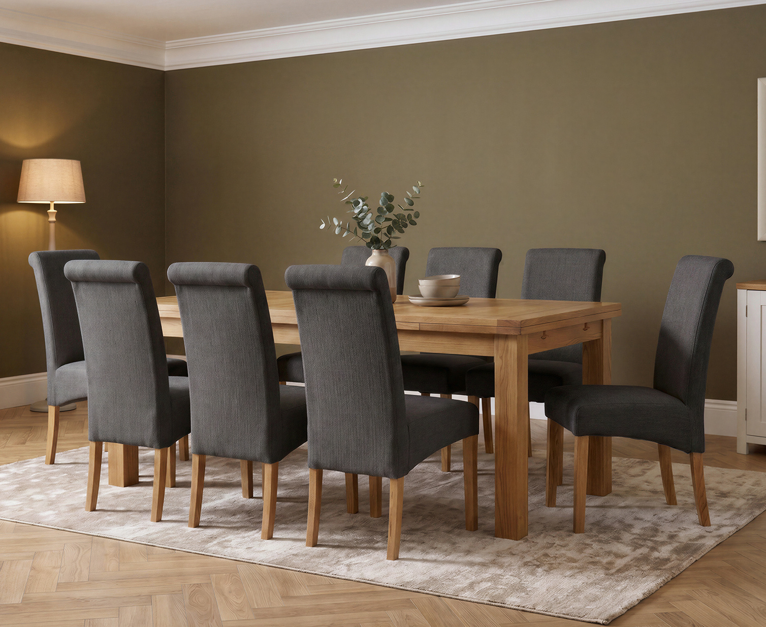 Colby 200cm Oval White Marble Dining Table with 6 Grey Lorenzo Chairs