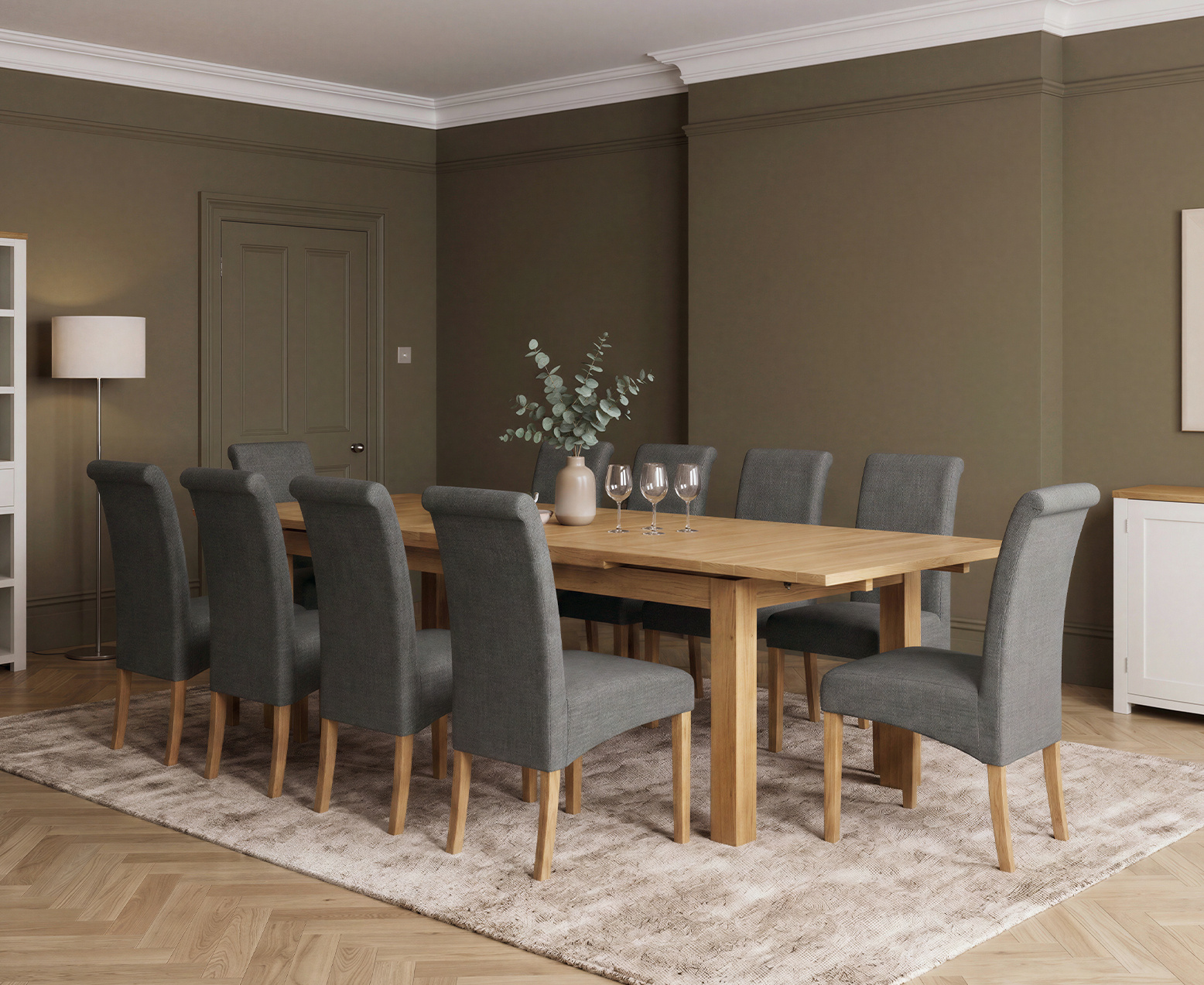 Colby 200cm Oval White Marble Dining Table with 6 Grey Lorenzo Chairs