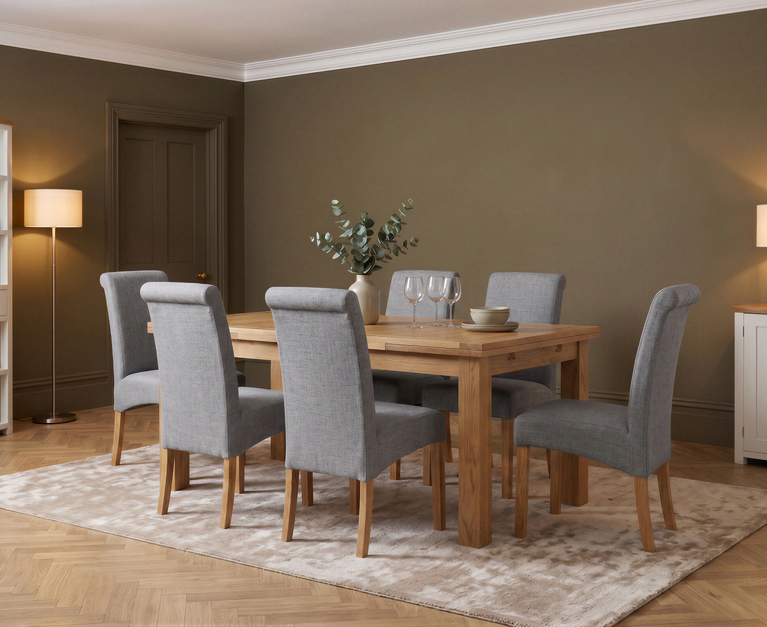 Colby 200cm Oval White Marble Dining Table with 6 Grey Lorenzo Chairs