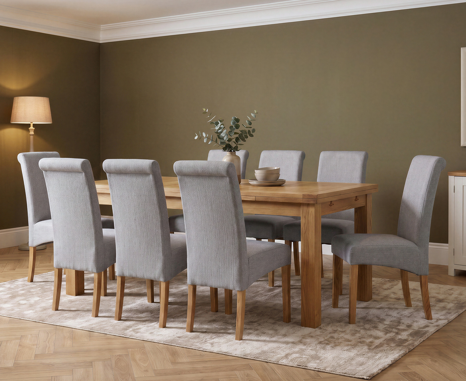 Colby 200cm Oval White Marble Dining Table with 6 Grey Lorenzo Chairs