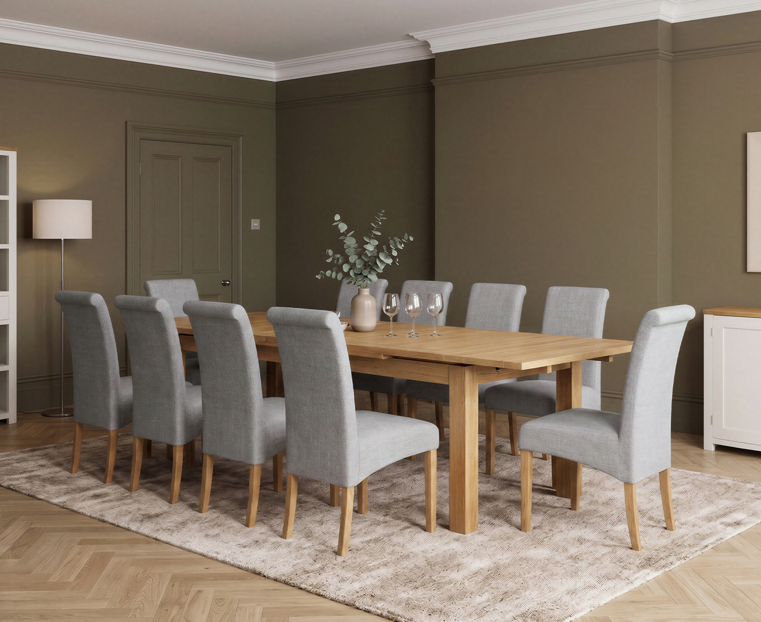 Colby 200cm Oval White Marble Dining Table with 6 Grey Lorenzo Chairs