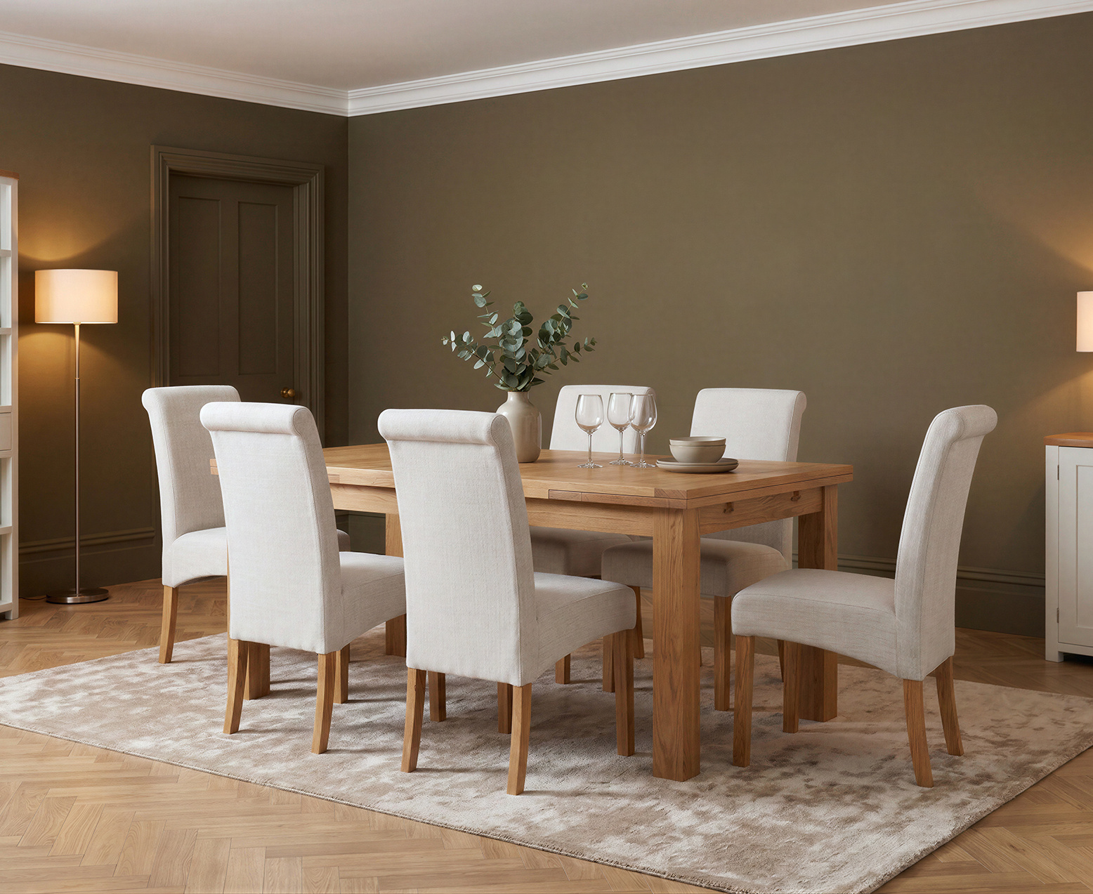 Colby 200cm Oval White Marble Dining Table with 6 Grey Lorenzo Chairs