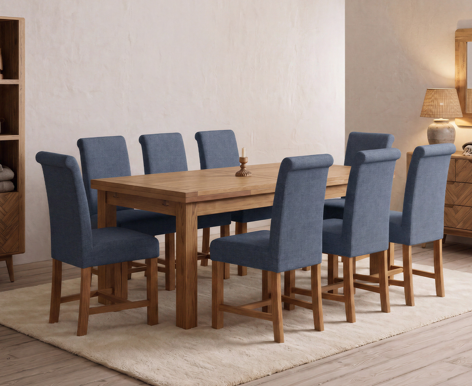 York 150cm Solid Oak Dining Table with 4 Light Grey York Chairs and 2 Oak Benches