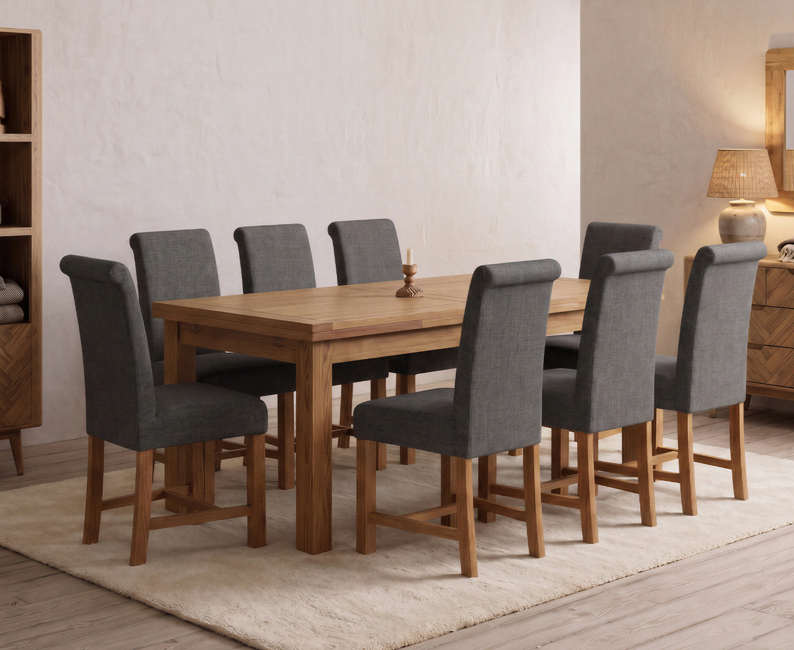 York 150cm Solid Oak Dining Table with 4 Light Grey York Chairs and 2 Oak Benches