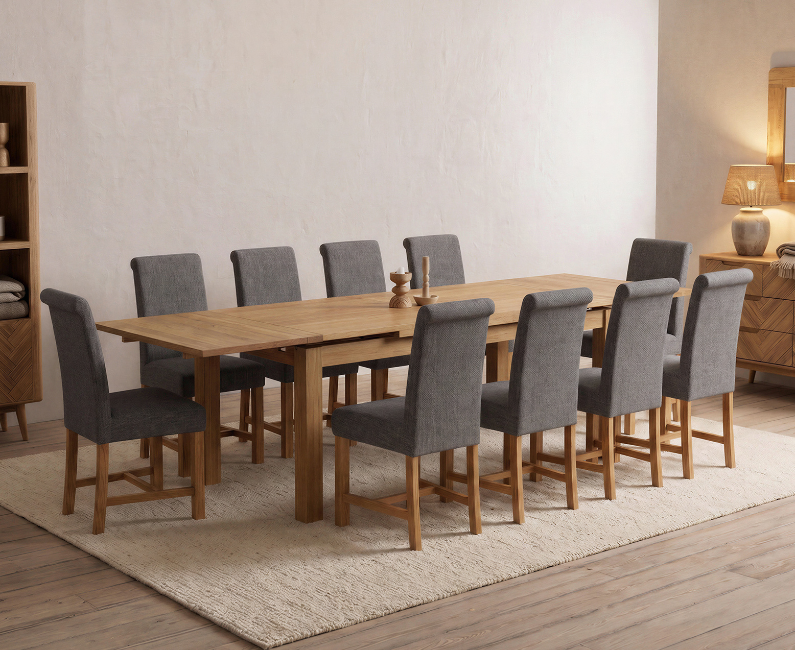 York 150cm Solid Oak Dining Table with 4 Light Grey York Chairs and 2 Oak Benches