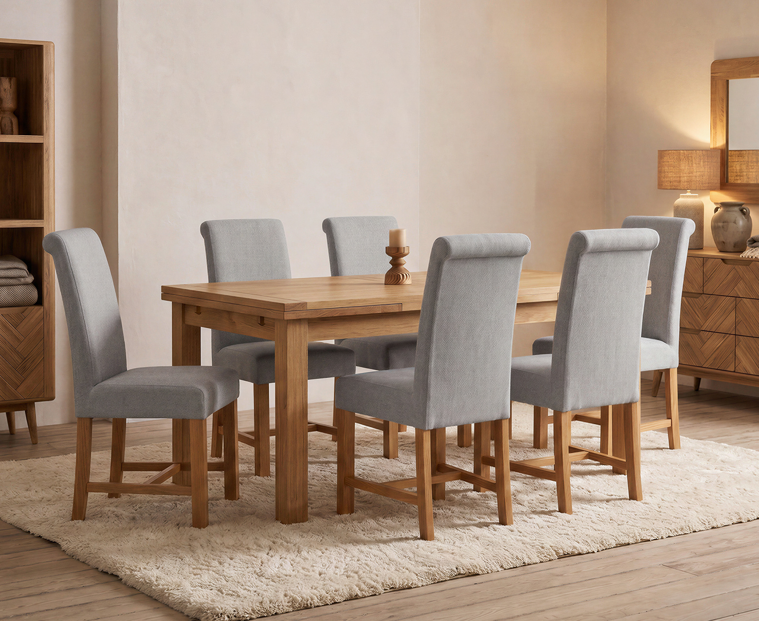 York 150cm Solid Oak Dining Table with 4 Light Grey York Chairs and 2 Oak Benches