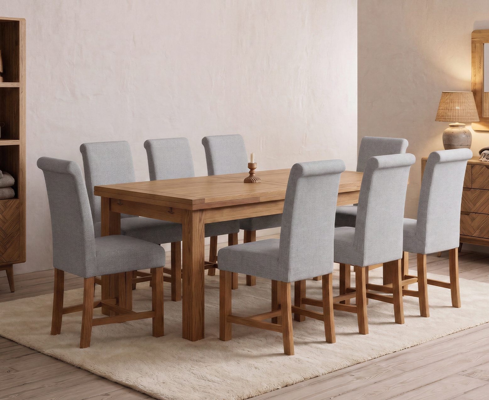 York 150cm Solid Oak Dining Table with 4 Light Grey York Chairs and 2 Oak Benches