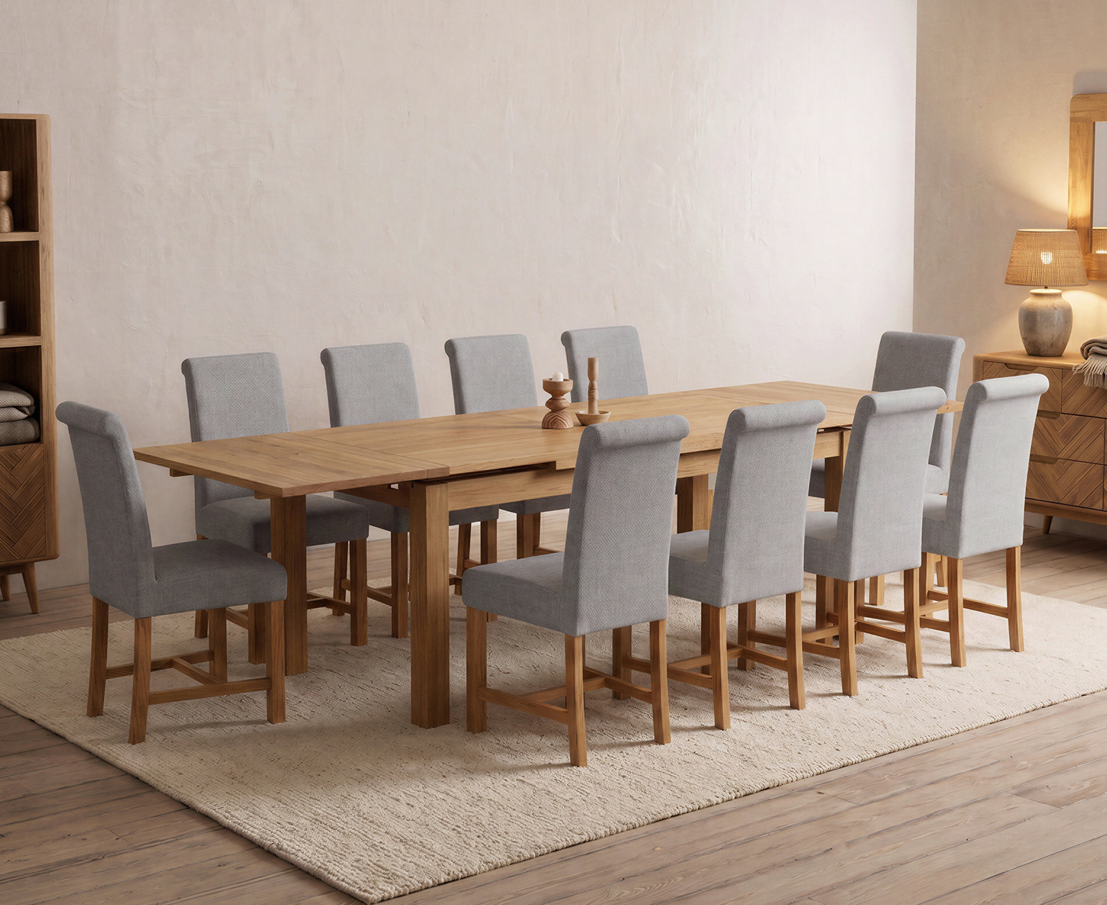 York 150cm Solid Oak Dining Table with 4 Light Grey York Chairs and 2 Oak Benches